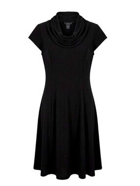 NWT Lennie Nina Leonard Black Cocktail Party Dress Cowl Neck Cap Sleeve Midi L